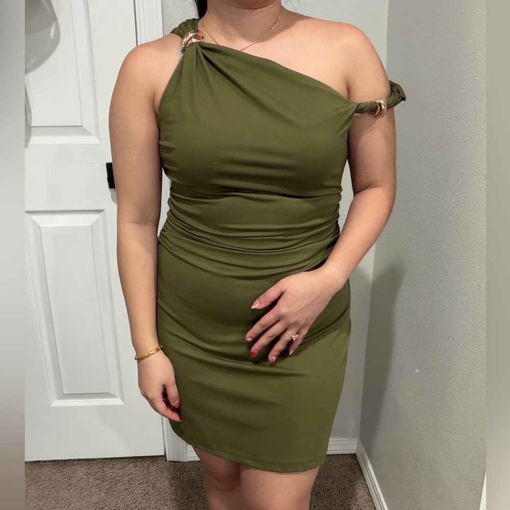 SHEIN Olive One-Shoulder Dress with Gold Details